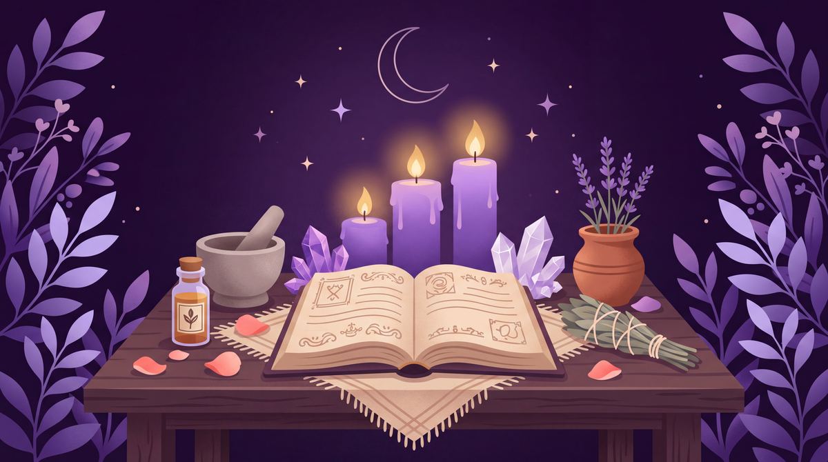 An illustrated altar with an open spellbook, three purple candles, crystals, a sage bundle, lavender and a mortar and pestle under a crescent moon