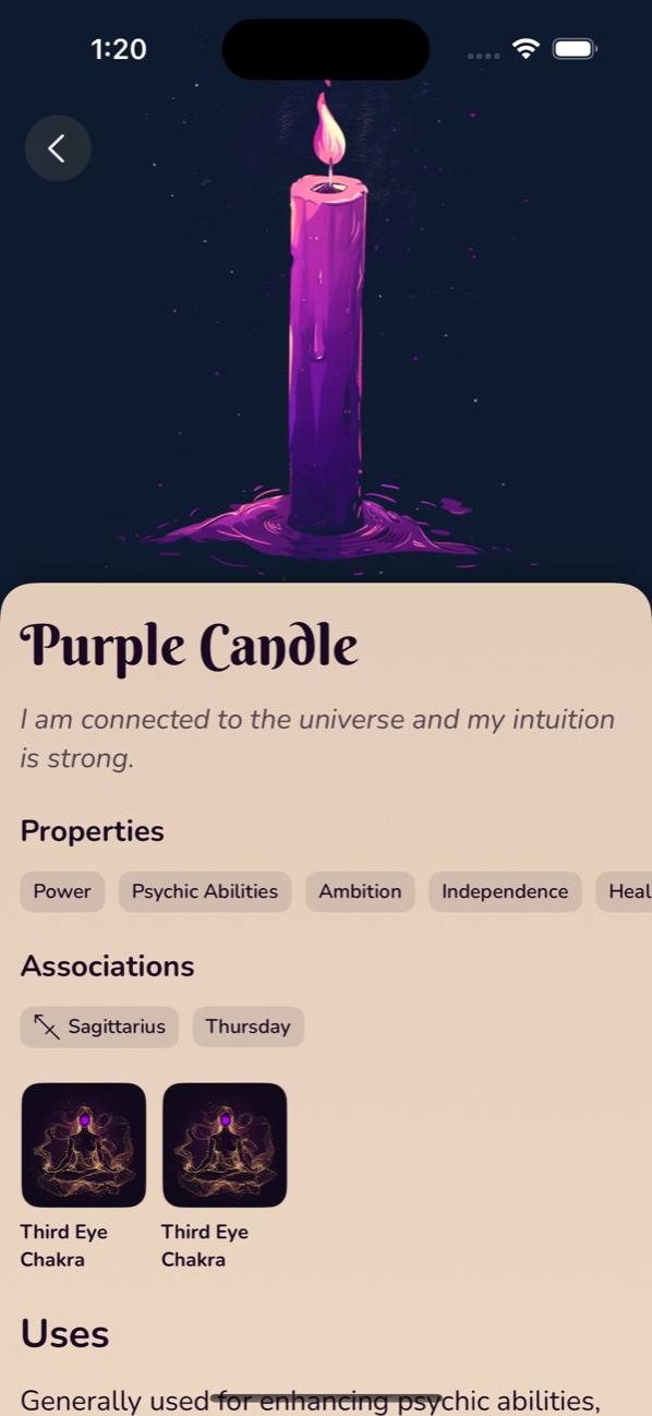 The purple candle page, with its properties, its zodiac sign, its weekday and its chakra