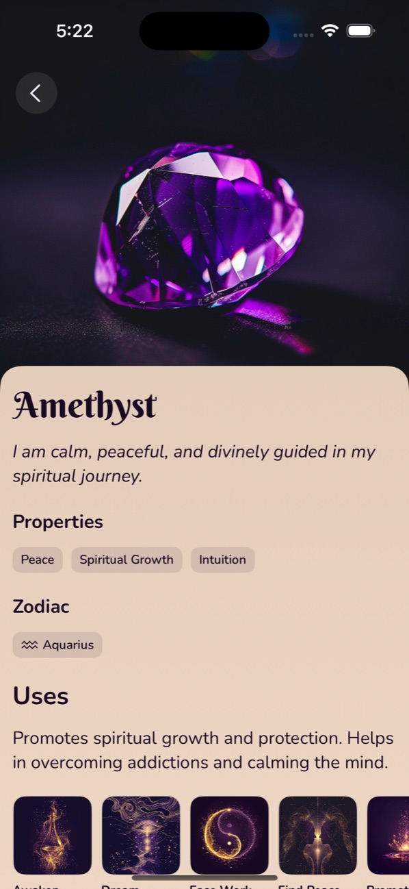 The amethyst page, with an affirmation, its properties and its zodiac sign